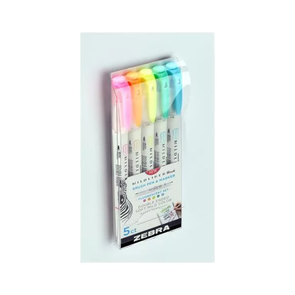 Ecsetirón készlet, kétvégű ZEBRA "Mildliner Fluorescent", 5 szín