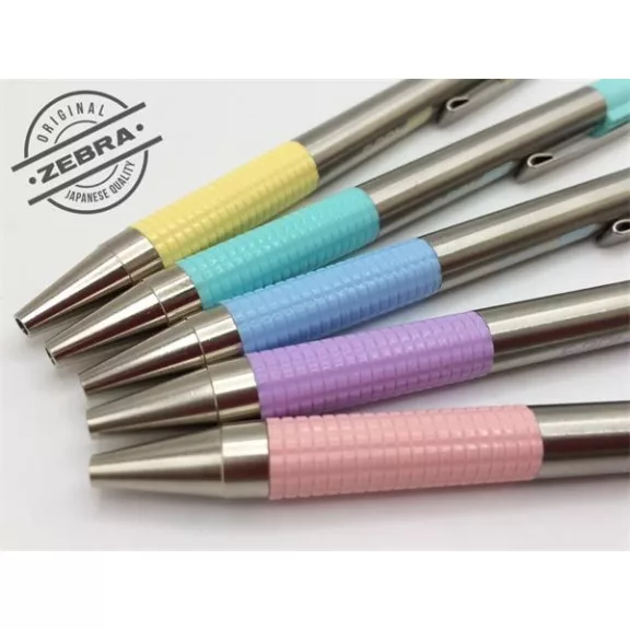 Golyóstoll, 0,24 mm, nyomógombos, rozsdamentes acél, pasztellsárga tolltest, ZEBRA "F-301", kék