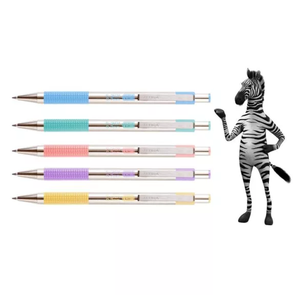 Golyóstoll, 0,24 mm, nyomógombos, rozsdamentes acél, pasztell-lila tolltest, ZEBRA "F-301", kék
