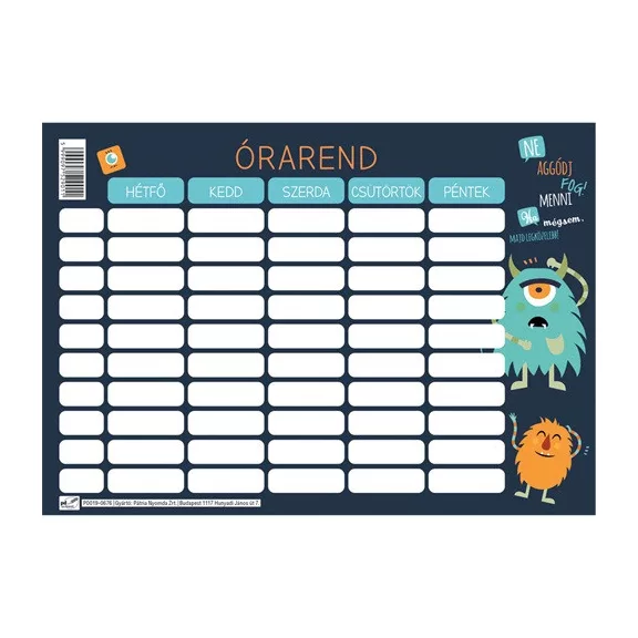Órarend pd 165x117 mm Monsters