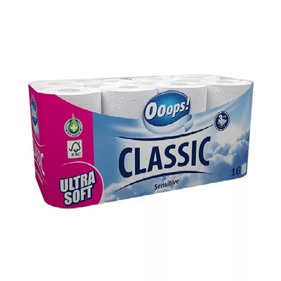 Toalettpapír OOOPS! Classic Sensitive 3 rétegű 16 tekercses Toalettpapír OOOPS! Classic Sensitive 3 rétegű 16 tekercses
