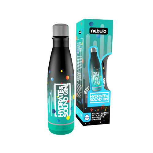 Kulacs Nebulo 460 ml thermo beépített bluetooth hangszóróval, fekete-türkiz