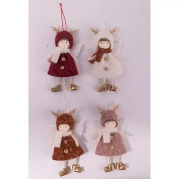   Karácsonyi dekor textil 8 cm akasztós angyalka agancs sapival 4 féle