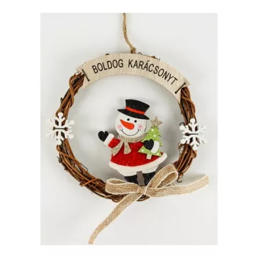   Karácsonyi kopogtató fa hóember Boldog karácsonyt! felirattal 15 cm