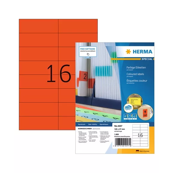 Etikett címke Herma 105x37 mm szegély nélküli piros 100 ív 1600 db/doboz Etikett címke Herma 105x37 mm szegély nélküli piros 100 ív 1600 db/doboz