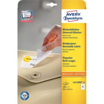   Etikett címke Avery Zweckform 99.1x42.3 mm univerzális címke visszaszedhető 25 ív 300 db/csomag L4743