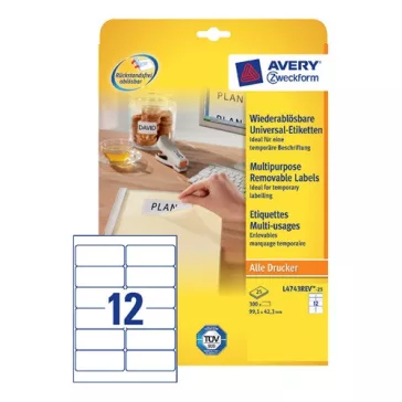   Etikett címke Avery Zweckform 99.1x42.3 mm univerzális címke visszaszedhető 25 ív 300 db/csomag L4743