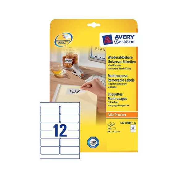 Etikett címke Avery Zweckform 99.1x42.3 mm univerzális címke visszaszedhető 25 ív 300 db/csomag L4743