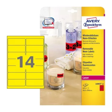   Etikett címke Avery Zweckform 99.1x38.1 mm lézer címke visszaszedhető neon sárga 25 ív 350 db/csomag L7263Y-25