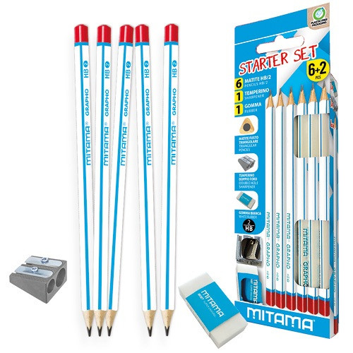 Grafitceruza Mitama, háromszögletű, radírral, 2 lyukú hegyezővel, 6 db-os klt.