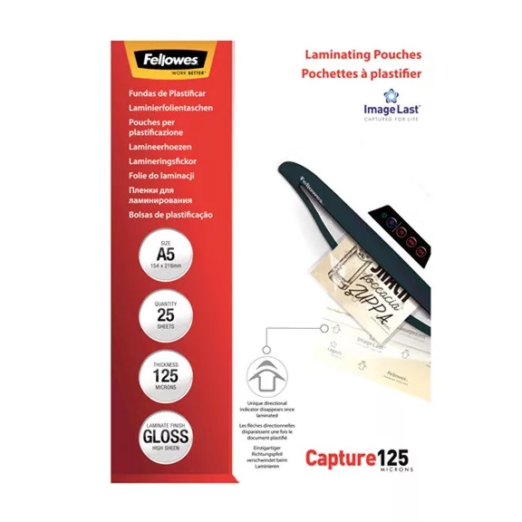 Lamináló fólia Fellowes A/5 125 mic. fényes 25 lap/csomag Lamináló fólia Fellowes A/5 125 mic. fényes 25 lap/csomag