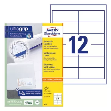  Etikett AVERY 3659 97x42,3mm univerzális fehér 1200 címke/doboz 100 ív/doboz