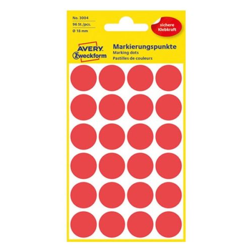 Etikett AVERY 3004 jelölőpont 18mm piros 96 darabos