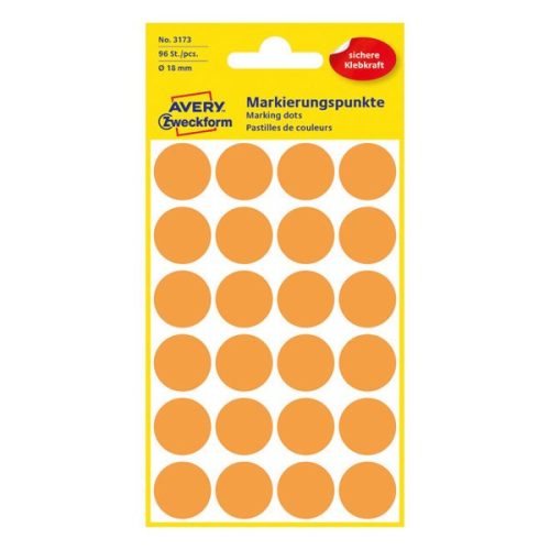 Etikett AVERY 3173 jelölőpont 18mm neon narancs 96 darabos