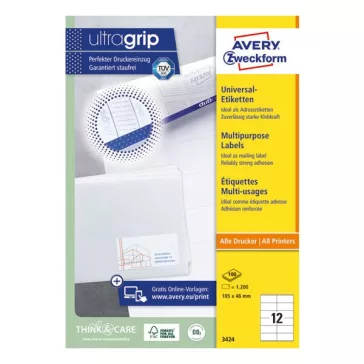   Etikett AVERY 3424 105x48mm univerzális 1200 címke/doboz 100 ív/doboz
