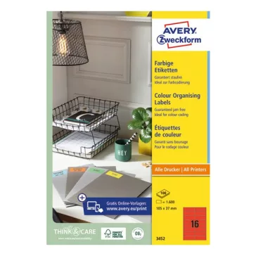   Etikett AVERY 3452 105x37mm univerzális piros 1600 címke/doboz 100 ív/doboz