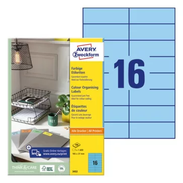   Etikett AVERY 3453 105x37mm univerzális kék 1600 címke/doboz 100 ív/doboz