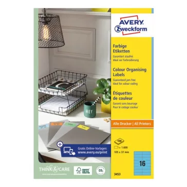   Etikett AVERY 3453 105x37mm univerzális kék 1600 címke/doboz 100 ív/doboz