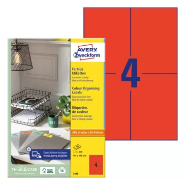   Etikett AVERY 3456 105x148mm univerzális piros 400 címke/doboz 100 ív/doboz