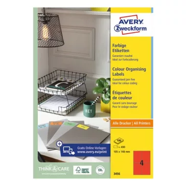   Etikett AVERY 3456 105x148mm univerzális piros 400 címke/doboz 100 ív/doboz