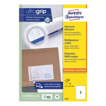   Etikett AVERY 3478 210x297mm univerzális 100 címke/doboz 100 ív/doboz