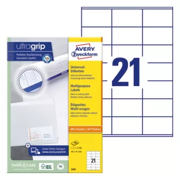   Etikett AVERY 3481 70x41mm univerzális fehér 2100 címke/doboz 100 ív/doboz