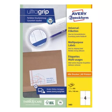   Etikett AVERY 3483 105x148mm univerzális 400 címke/doboz 100 ív/doboz