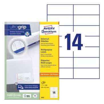   Etikett AVERY 3653 105x42,3mm univerzális 1400 címke/doboz 100 ív/doboz