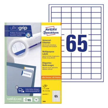   Etikett AVERY 3666 38x21,2mm univerzális 6500 címke/doboz 100 ív/doboz