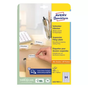   Etikett AVERY L6021REV-25 6021 45,7x16,9mm függőmappa címke 1600 címke/doboz 25 ív/doboz