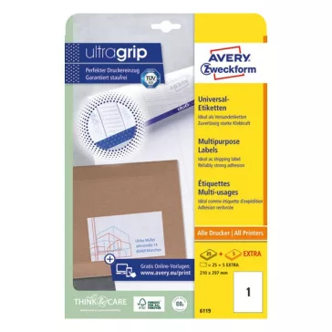   Etikett AVERY 6119 210x297mm univerzális  25 címke/doboz 25 ív/doboz