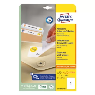   Etikett AVERY L4735REV-25 210x297mm univerzális visszaszedhető 30 címke/doboz 30 ív/doboz