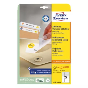  Etikett AVERY L4737REV-25 63,5x29,6mm univerzális visszaszedhető 810 címke/doboz 30 ív/doboz