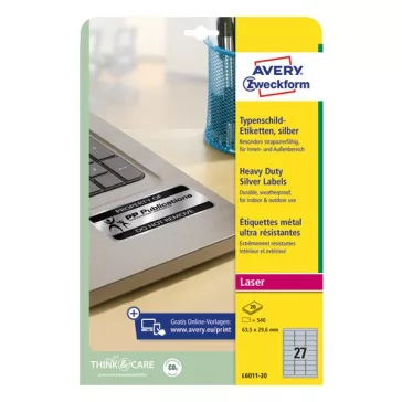   Etikett AVERY L6011-20 63,5x29,6mm lézer ezüst 540 címke/doboz 20 ív/doboz