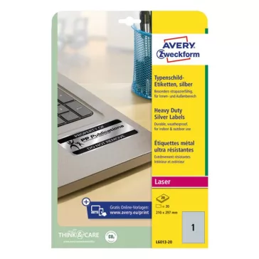   Etikett AVERY L6013-20 210x297mm laser ezüst 20 címke/doboz 20 ív/doboz