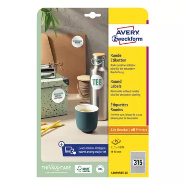 Etikett AVERY L6019REV-25 10mm kör univerzális