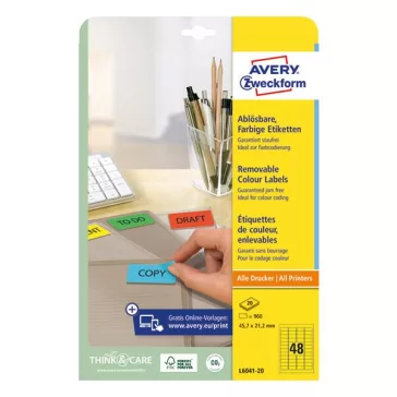   Etikett AVERY L6041-20 45,7x21,2mm univerzális sárga 960 címke/doboz 20 ív/doboz