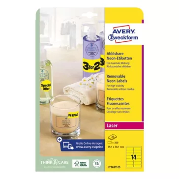   Etikett AVERY L7263Y-25 99,1x38,1mm laser neon sárga 350 címke/doboz 25 ív/doboz