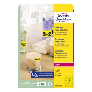   Etikett AVERY L7670Y-25 63,5mm laser kör visszaszedhető neonsárga 300 címke/doboz 25 ív/doboz