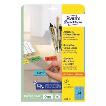  Etikett AVERY L6032-20 63,5x33,9mm univerzális kék 480 címke/doboz 20 ív/doboz