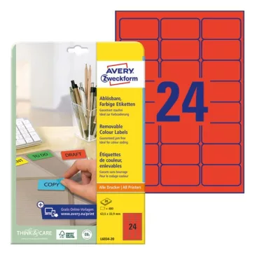   Etikett AVERY L6034-20 63,5x33,9mm univerzális piros 480 címke/doboz 20 ív/doboz