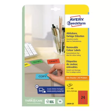   Etikett AVERY L6034-20 63,5x33,9mm univerzális piros 480 címke/doboz 20 ív/doboz