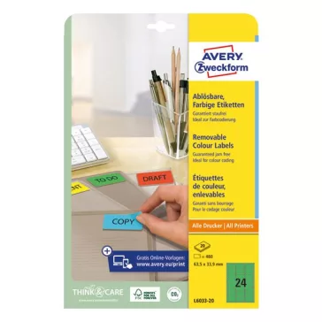   Etikett AVERY L6033-20 63,5x33,9mm univerzális zöld 480 címke/doboz 20 ív/doboz