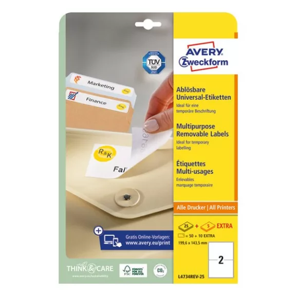 Etikett AVERY L4734REV-25 199,6x143,5mm univerzális visszaszedhető 60 címke/doboz 30 ív/doboz
