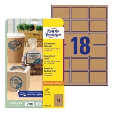   Etikett AVERY L7110-25 62x42mm termék címke környezetbarát barna kraft 450 címke/doboz 25 ív/doboz