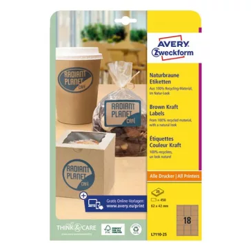   Etikett AVERY L7110-25 62x42mm termék címke környezetbarát barna kraft 450 címke/doboz 25 ív/doboz