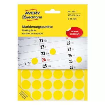   Etikett AVERY 3377 öntapadó jelölőpont sárga 18mm 1056 jelölőpont/csomag