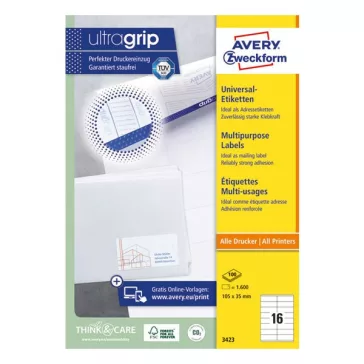   Etikett AVERY 3423 105x35mm univerzális 1600 címke/doboz 100 ív/doboz