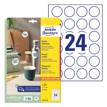   Etikett AVERY L3415-10 kör alakú 40 mm átmérő 240 címke/doboz 10 ív/doboz