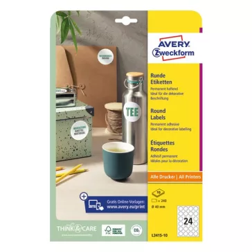   Etikett AVERY L3415-10 kör alakú 40 mm átmérő 240 címke/doboz 10 ív/doboz